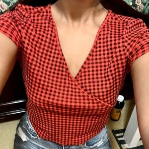 red gingham short sleeve cross detail shirt